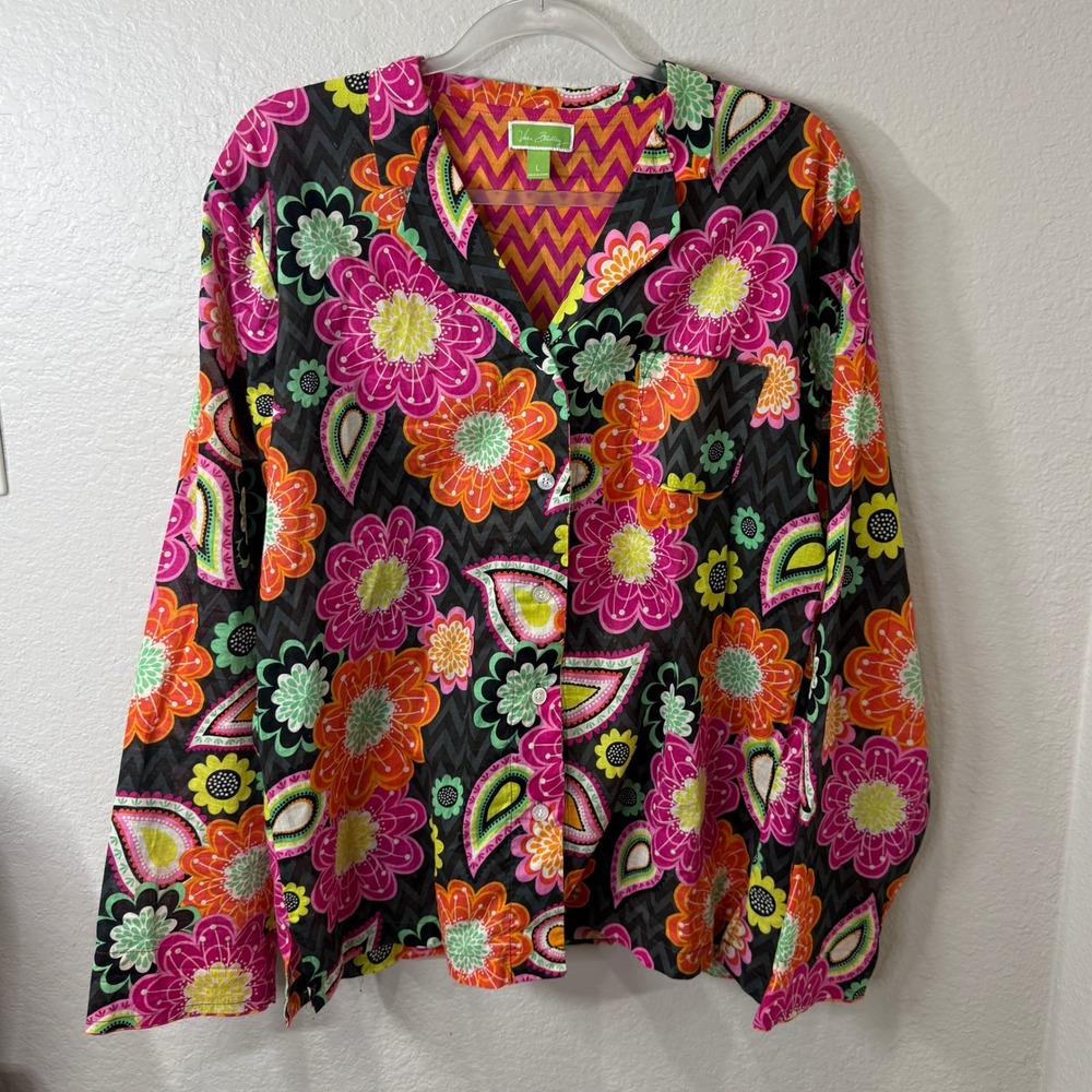 Vera Bradley Button Down Top L Black Floral Paisley 100% Cotton Fall Lightweight